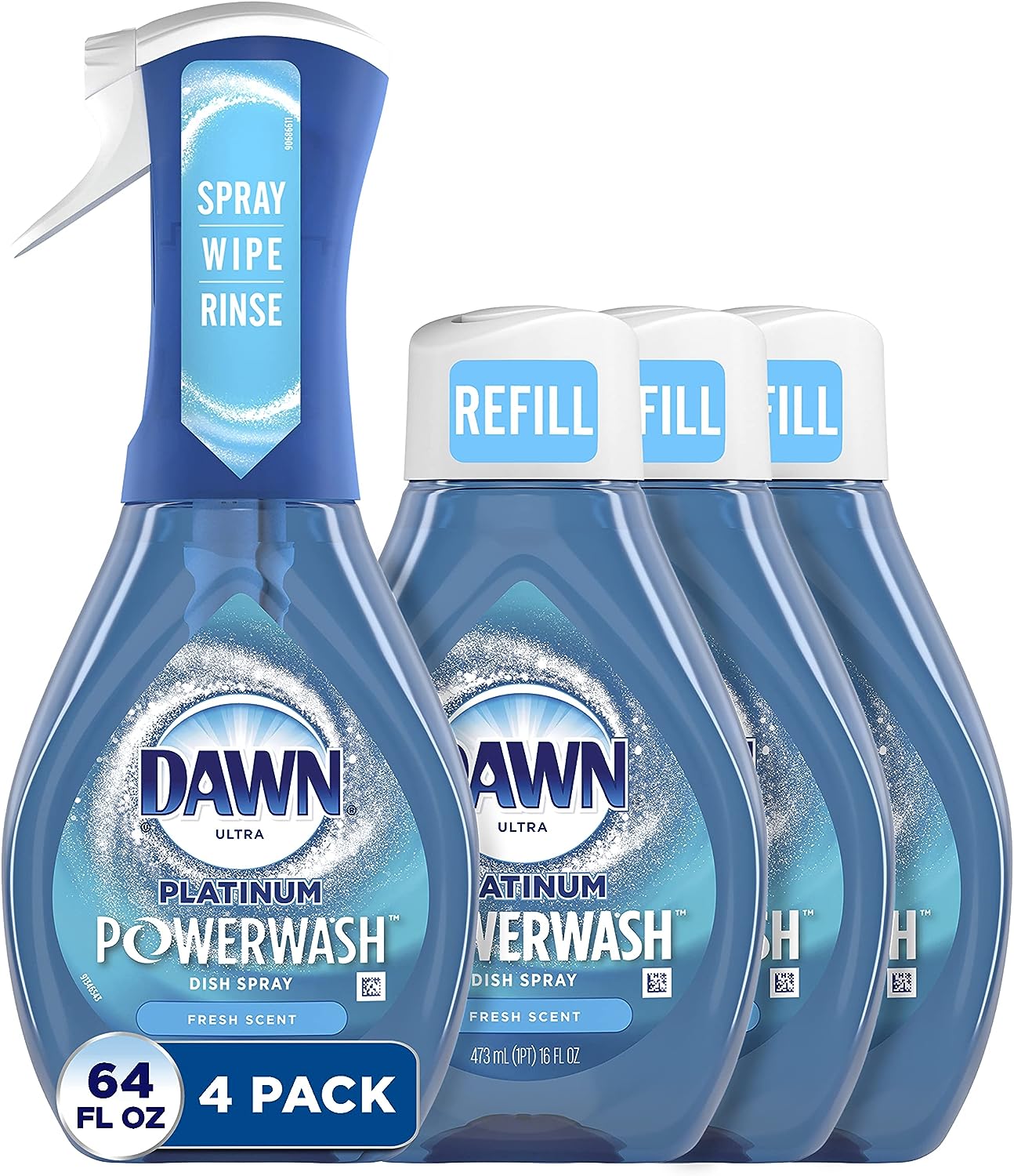 Dawn Platinum Powerwash Dish Spray, Dish Soap, Fresh Scent Bundle, 1 Spray (16oz) + 3 Refills (16oz each)(Pack of 4) - 24hrsmart